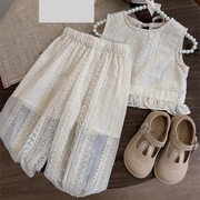 Mädchen Sommer Hohl Spitze Kleidung Set