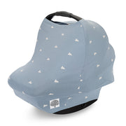 Blue baby car seat cover with white cloud pattern on a white background