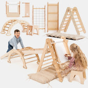 Children playing with wooden climbing structures on a white background