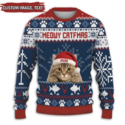 Christmas sweater with a cat wearing a Santa hat and 'MEOWY CATFMAS' text.