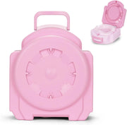 Pink portable toilet with a smaller pink seat on a white background