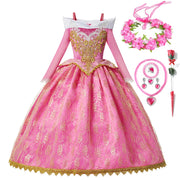 Girls Pink Princess Costume Gown – Long Sleeves & Gold-Tone Details