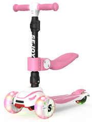 3-in-1 faltbarer Kinder-Tretroller mit Sitz, verstellbarer Höhe, LED-Leuchtrollen und Neige-zum-Lenk-Technologie für Kleinkinder und Kinder (Maximale Belastung 110 lbs)