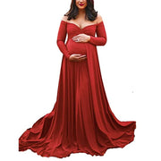 Schulterfreies Langarm-Umstandskleid – Elegantes einfarbiges Kleid für Fotografie und besondere Anlässe