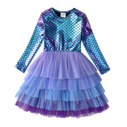 Girls Mermaid Print Tulle Party Dress – Layered Ball Gown Style