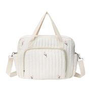 Gepolsterte Baumwoll-Baby-Windeltasche, multifunktionale Reise-Wickeltasche mit verstellbarem Schultergurt, geräumige Umhängetasche für werdende Mütter (Bär/Tulpen-Stickerei)