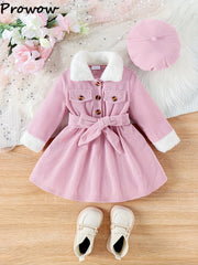 Baby Girl Fur Sleeve Lapel Corduroy Dress Set – 3-Piece Winter Outfit with Hat & Belt