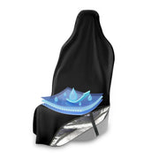 A black car seat cover shown on a car seat, with a blue water droplet and reflective silver foil layer demonstrating waterproof and reflective properties against a white background.