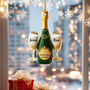 Decorative ornament with champagne bottle and glasses against a blurred cityscape background