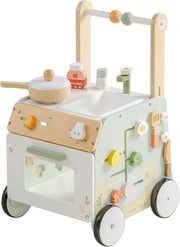 Wooden 3-in-1 Baby Push Walker with Kitchen Activity Center, Adjustable Height & Speed, Montessori Walking Toy for Toddlers (O-Leg Prevention)
