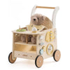 Wooden Baby Push Walker and Doll Stroller, 2-in-1 Activity Center Toy with Safety Brake, Interactive Panel, and Storage for Early Motor Skill Development (Rattan/Beige)