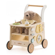 Wooden Baby Push Walker and Doll Stroller, 2-in-1 Activity Center Toy with Safety Brake, Interactive Panel, and Storage for Early Motor Skill Development