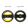 Two black and yellow wheels with screws on a white background