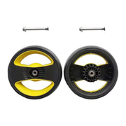 Two black and yellow wheels with screws on a white background